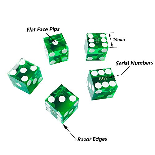 Yuanhe Precision Casino Dice – Set of 5 Green Grade AAA 19mm Serialized Acrylic Dice with Razor Edges