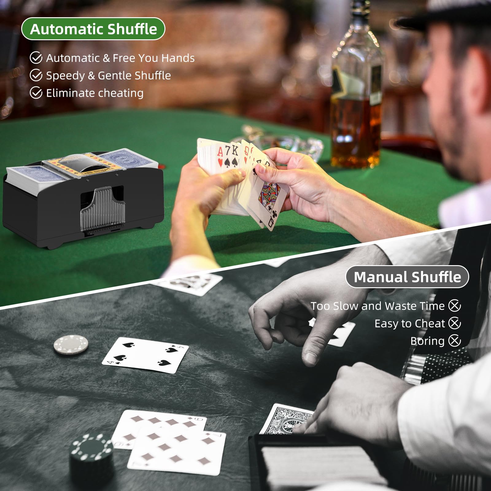YUCEEN Automatic Card Shuffler – Battery-Powered Electric Shuffler for 1-2 Decks, Works with Poker, UNO, Blackjack, and More