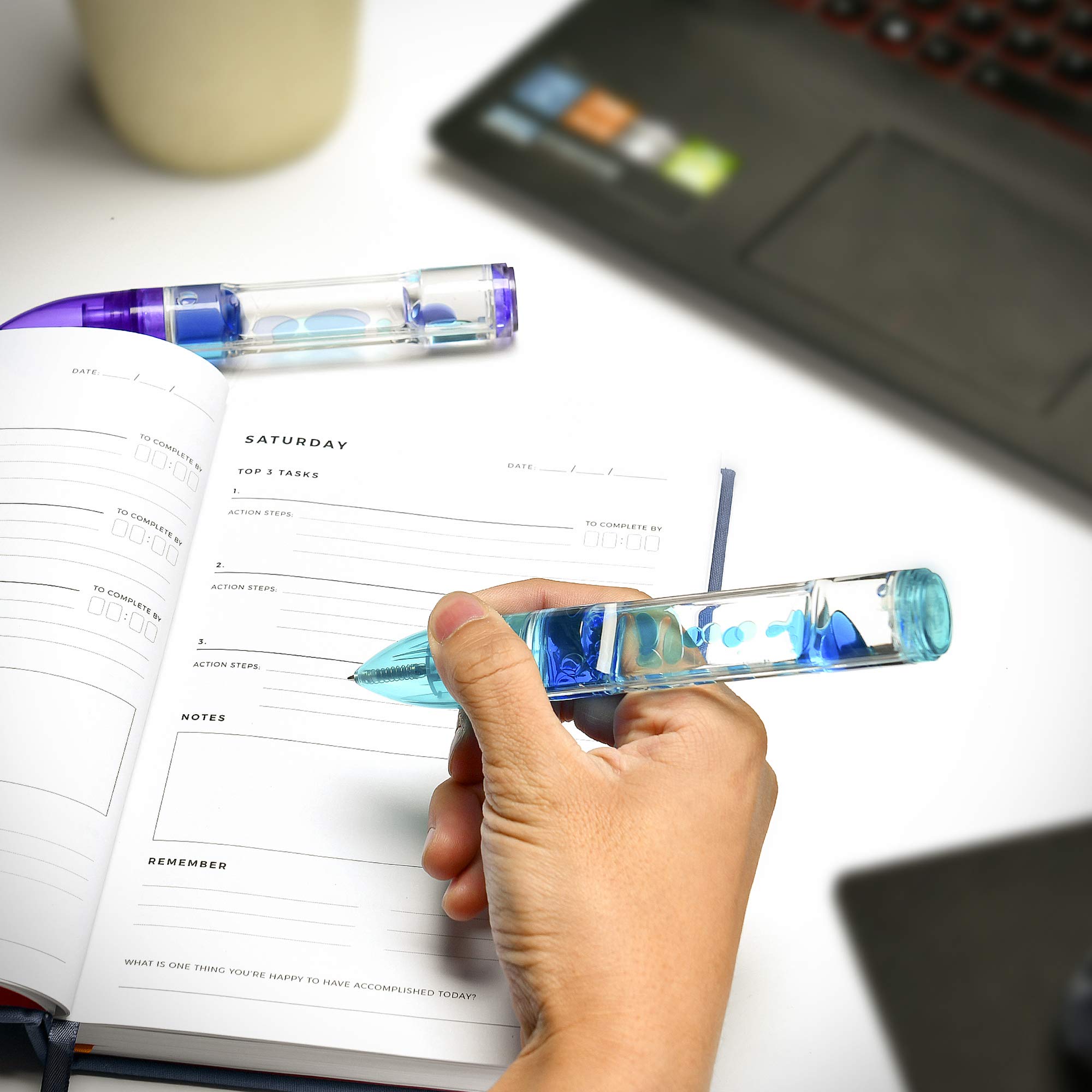YUE MOTION Liquid Motion Timer Pen 2 Pack - Blue and Purple Fidget Pen Set for Desk Toys and Stress Relief