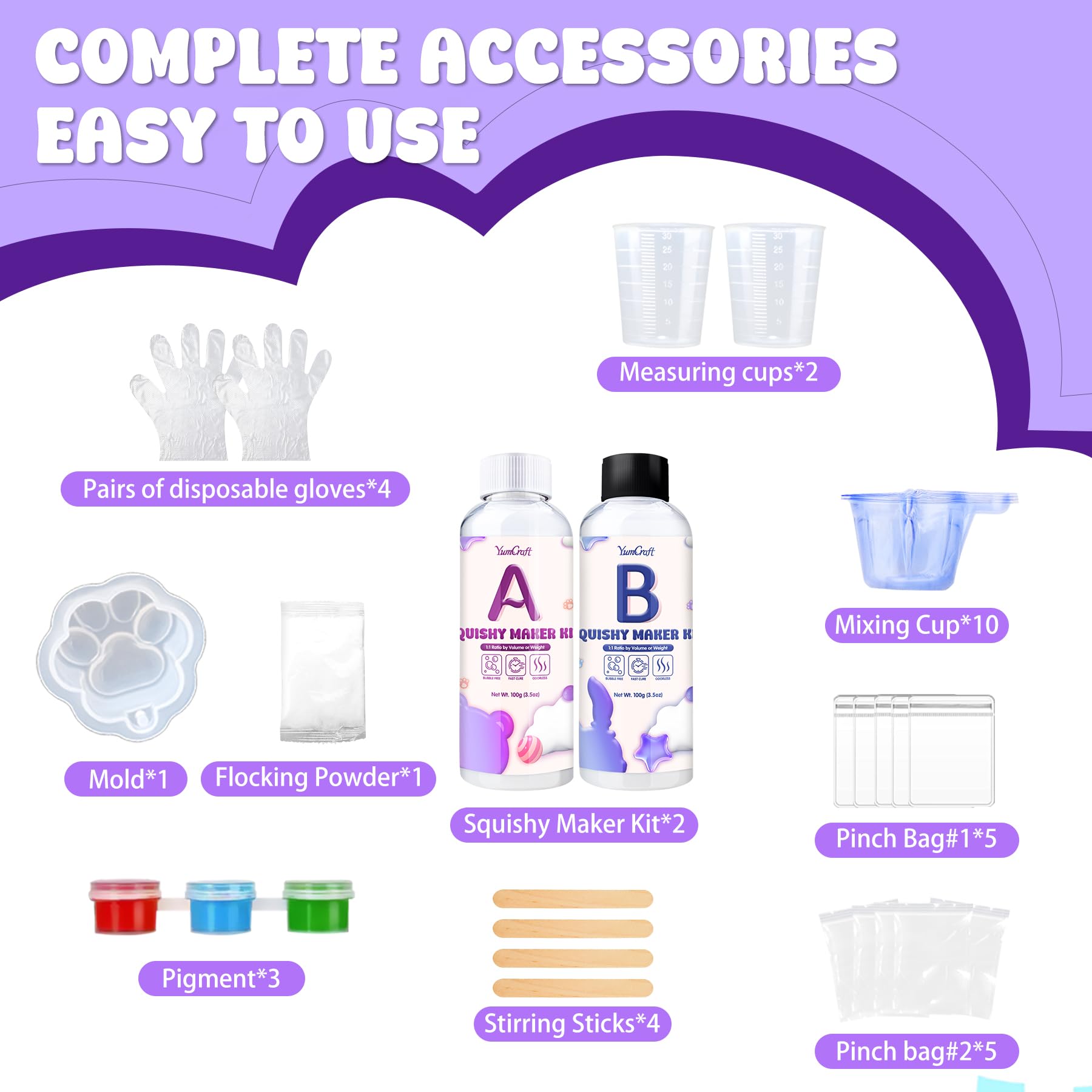 YumCraft Liquid Silicone Squishy Kit – 7oz 1:1 AB Ratio, Cat Paw Mold, Flocking Powder, Stress Relief DIY Craft