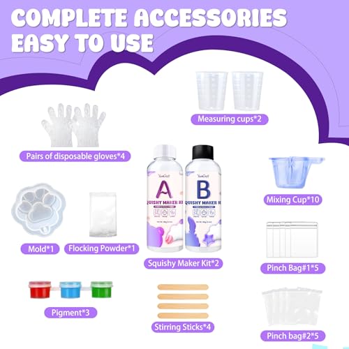 YumCraft Liquid Silicone Squishy Kit – 7oz 1:1 AB Ratio, Cat Paw Mold, Flocking Powder, Stress Relief DIY Craft