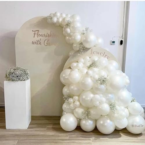 Yumiche Pearl White Double Stuffed Balloon Arch Kit – 74 Balloons with Pearl Stickers for Weddings, Bridal Showers & Birthday Parties