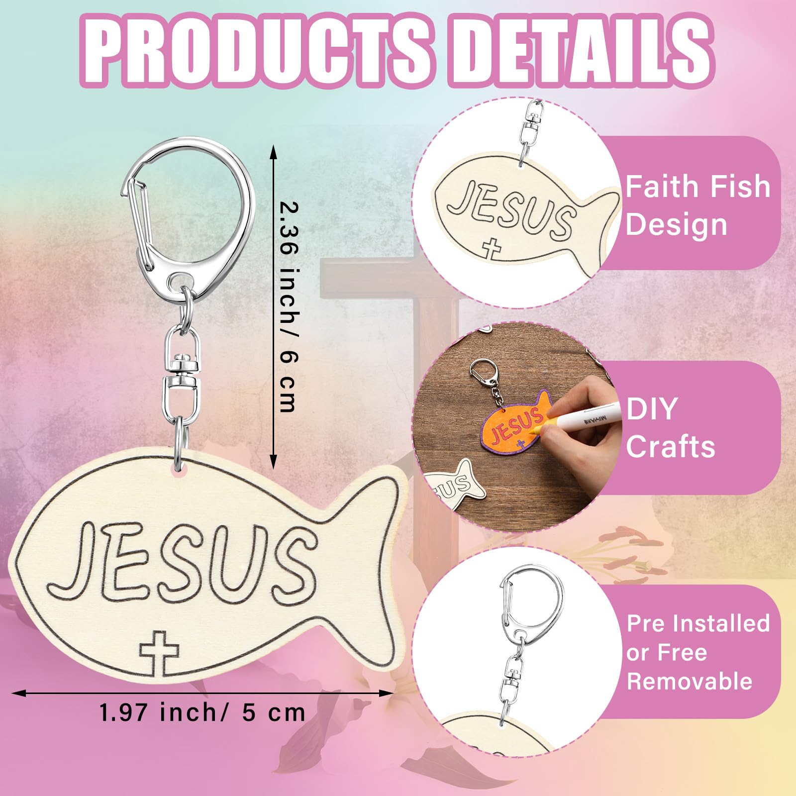Yuntau 24 Pcs DIY Jesus Fish Keychain Craft Kit - Wooden Religious Sunday School Activity