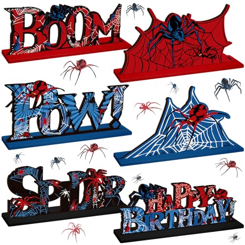 Yuntau 6-Piece Spider Birthday Party Wooden Table Decorations – Red, Blue & White Cartoon Centerpieces with Stands