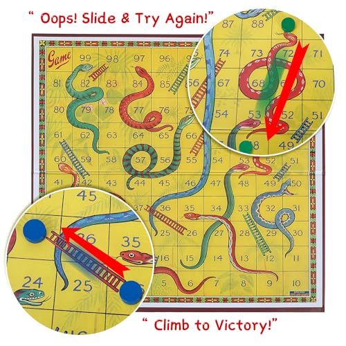 YUROZAC Classic Snakes and Ladders Foldable Board Game – Retro Family Fun for Kids Ages 3+ (2-4 Players, Includes Dice & Pawns)
