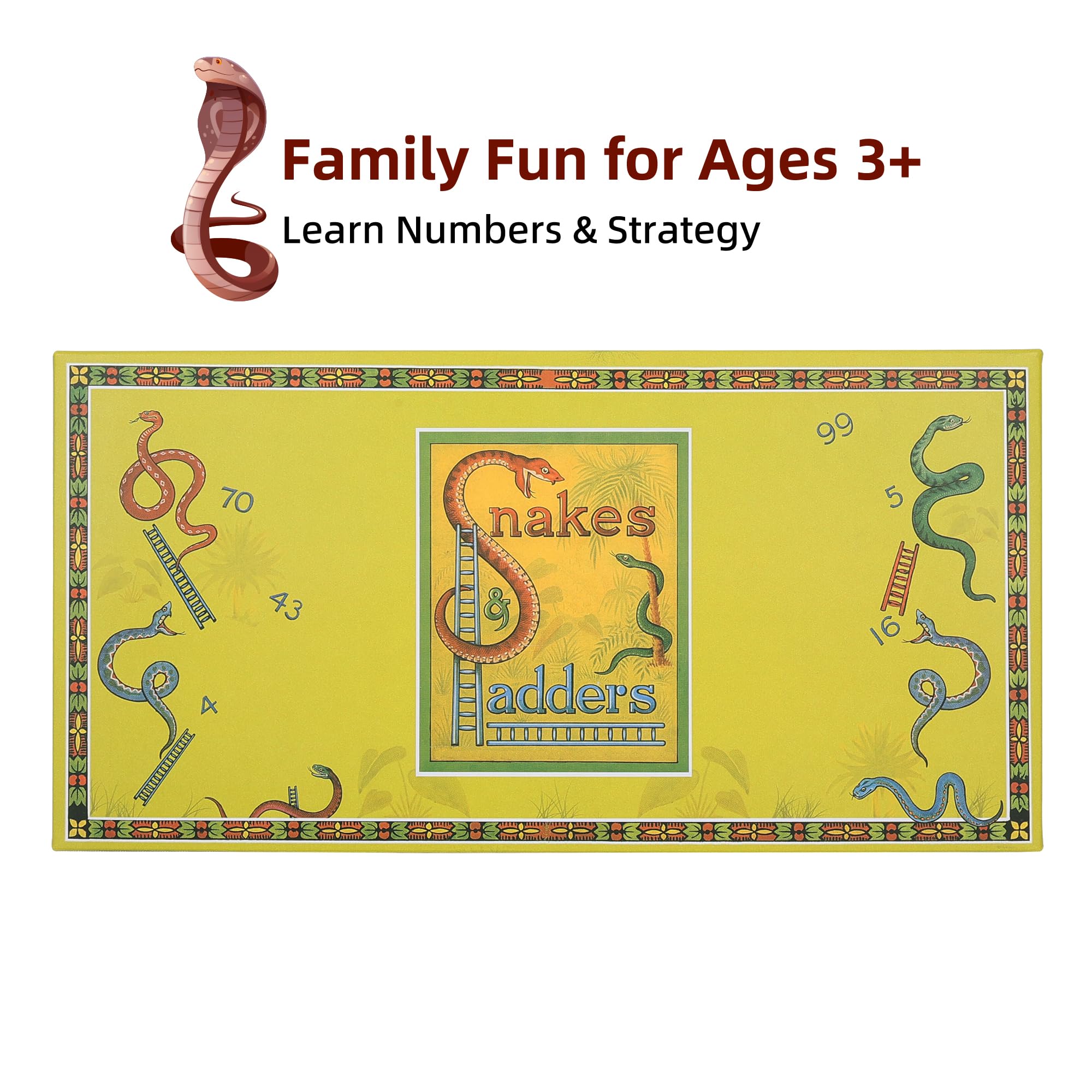 YUROZAC Classic Snakes and Ladders Foldable Board Game – Retro Family Fun for Kids Ages 3+ (2-4 Players, Includes Dice & Pawns)