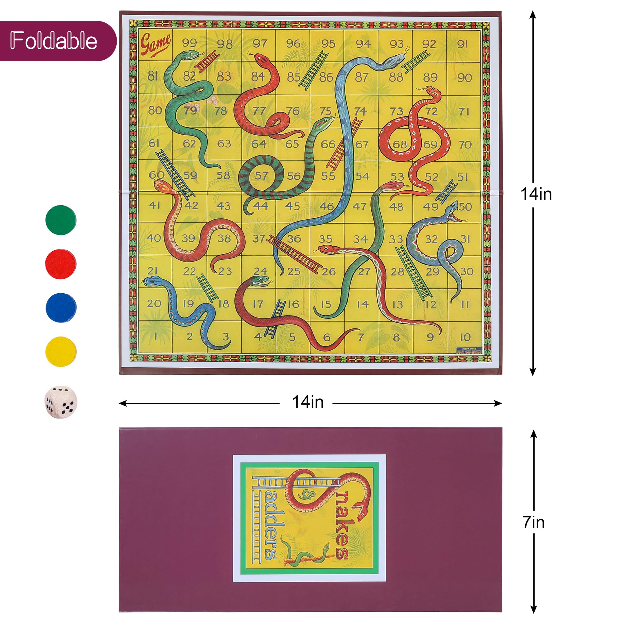 YUROZAC Classic Snakes and Ladders Foldable Board Game – Retro Family Fun for Kids Ages 3+ (2-4 Players, Includes Dice & Pawns)