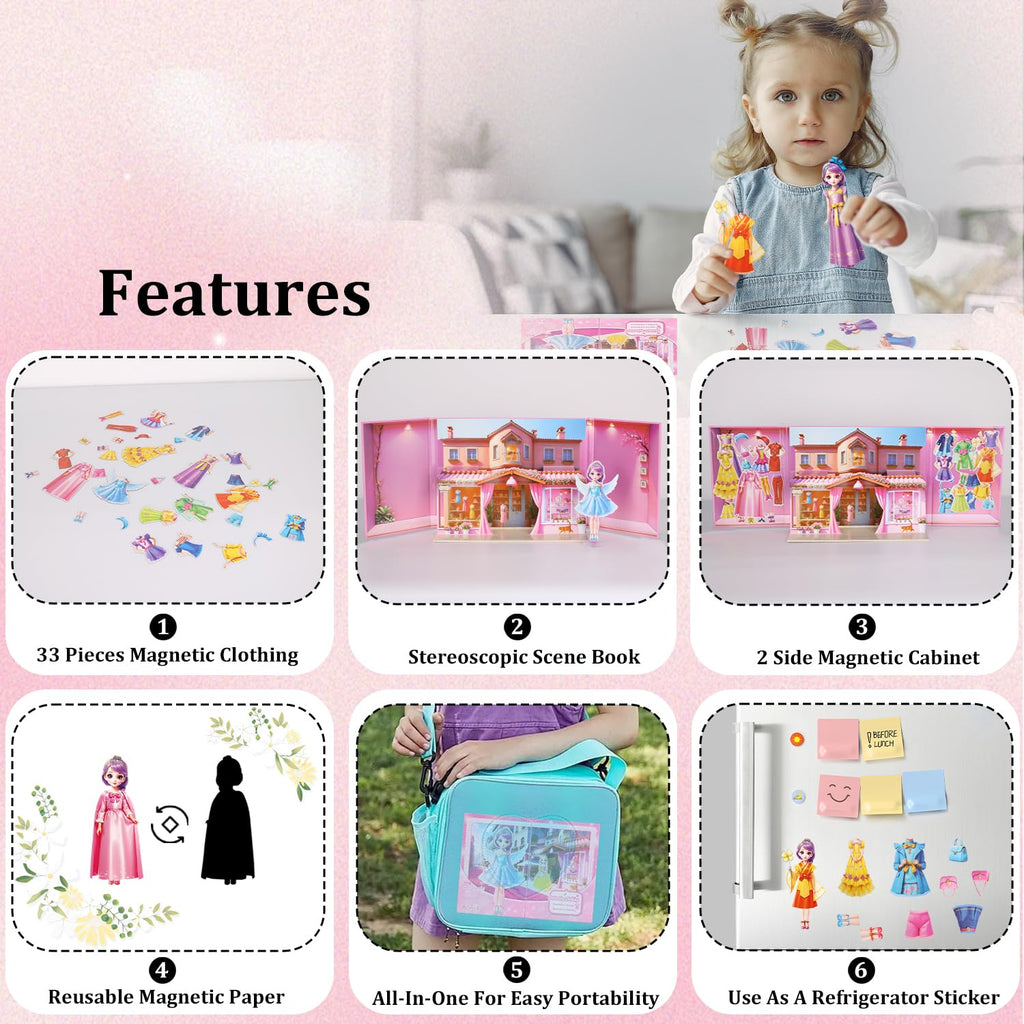 Yuzee Magnetic Dress Up Paper Doll with 33 Pieces and 3D Scenes for Girls Ages 4-7