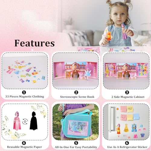 Yuzee Magnetic Dress Up Paper Doll with 33 Pieces and 3D Scenes for Girls Ages 4-7