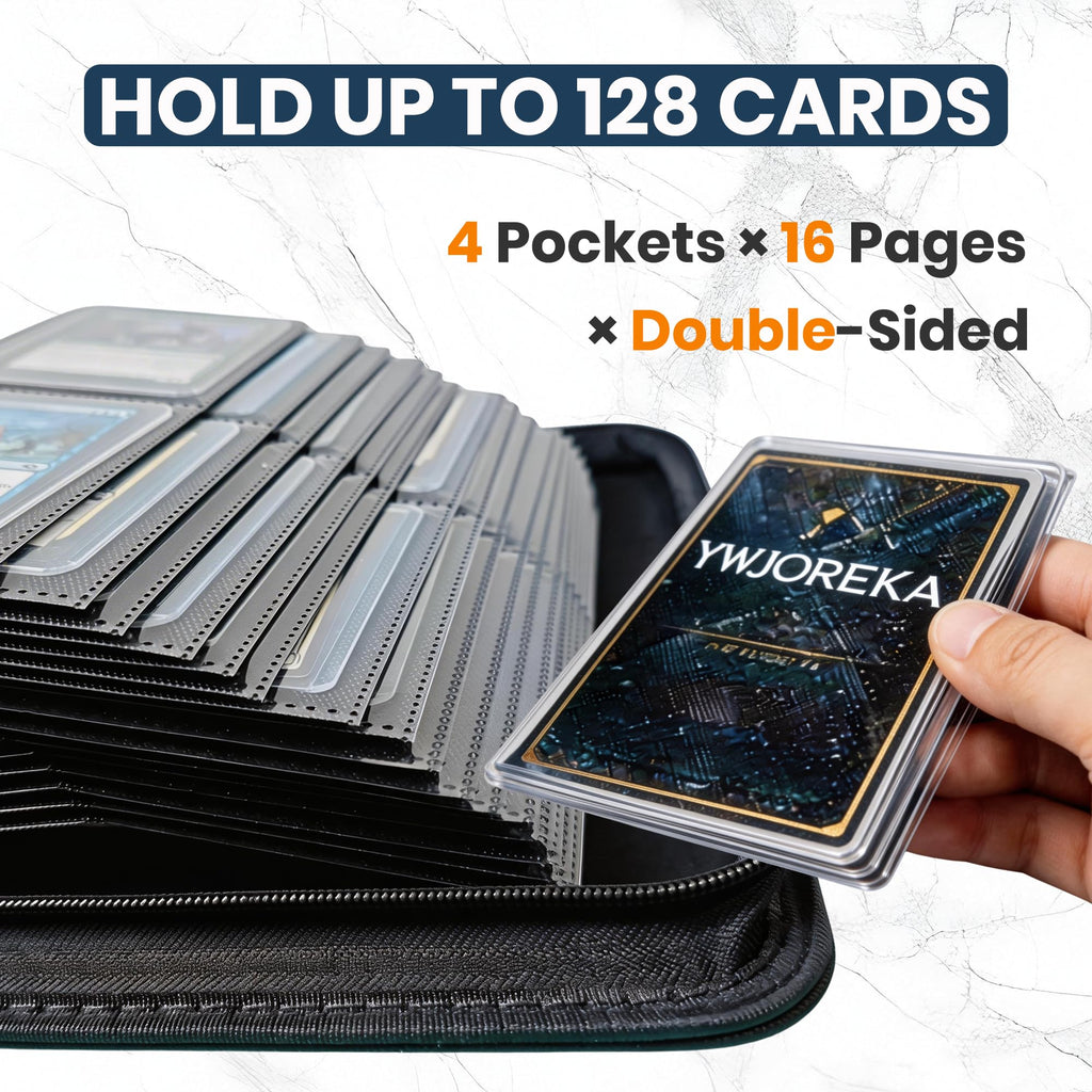 YWJOREKA 4-Pocket Toploader Binder – Holds 128 Cards, Black PU Leather Album for Sports & Trading Cards