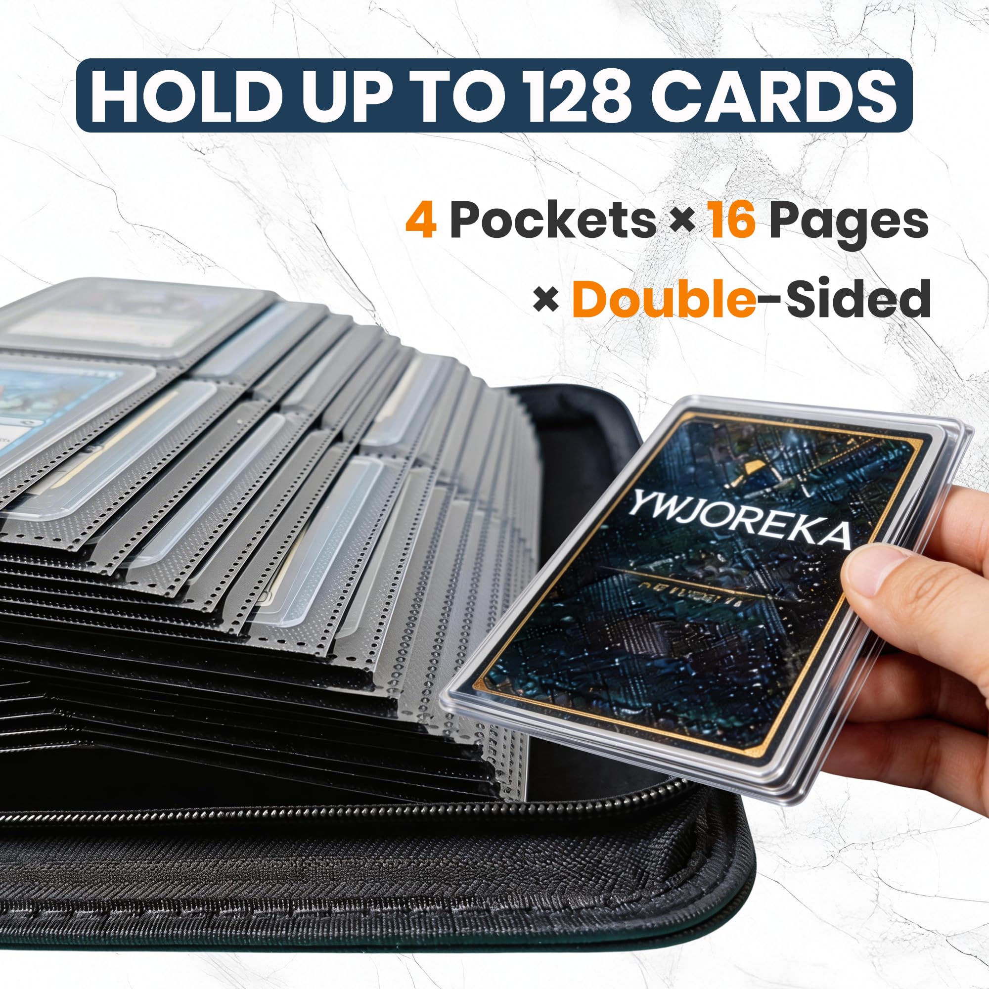 YWJOREKA 4-Pocket Toploader Binder – Holds 128 Cards, Black PU Leather Album for Sports & Trading Cards