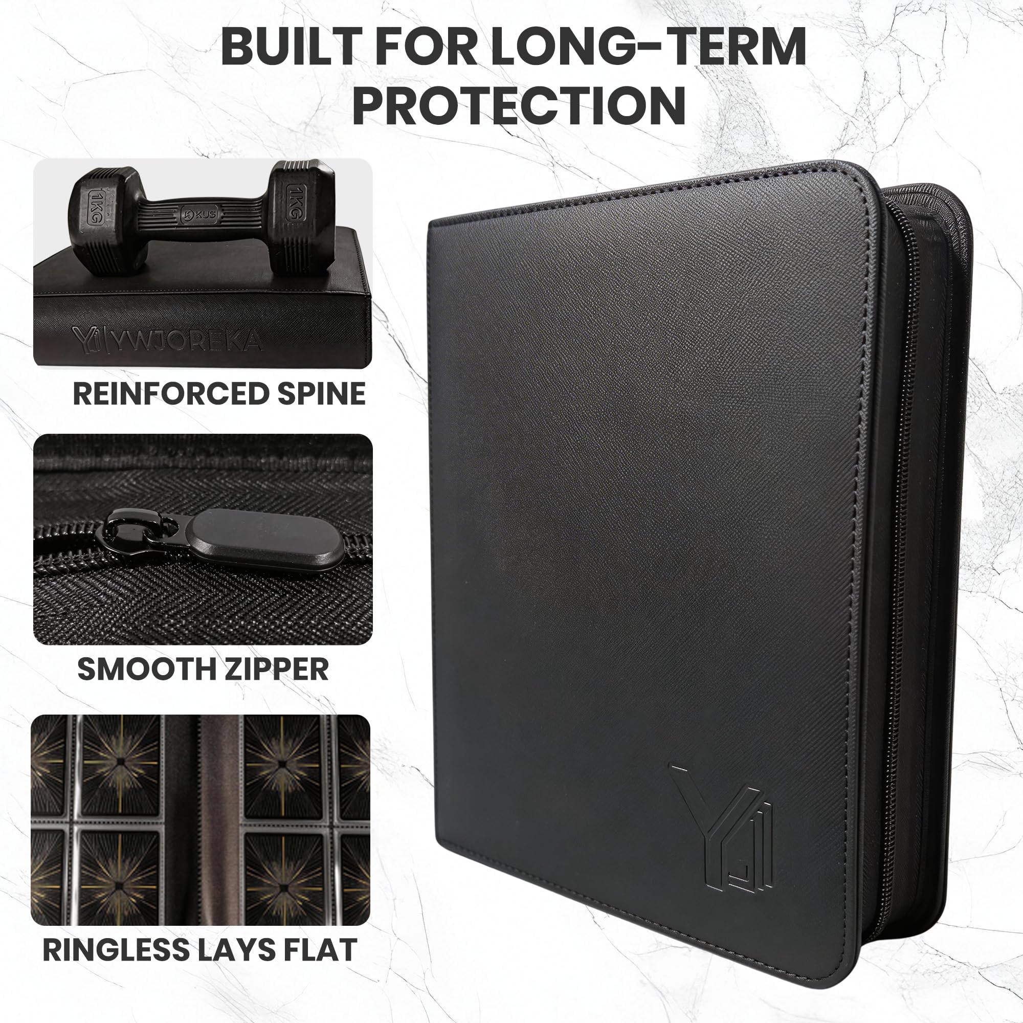 YWJOREKA 4-Pocket Toploader Binder – Holds 128 Cards, Black PU Leather Album for Sports & Trading Cards