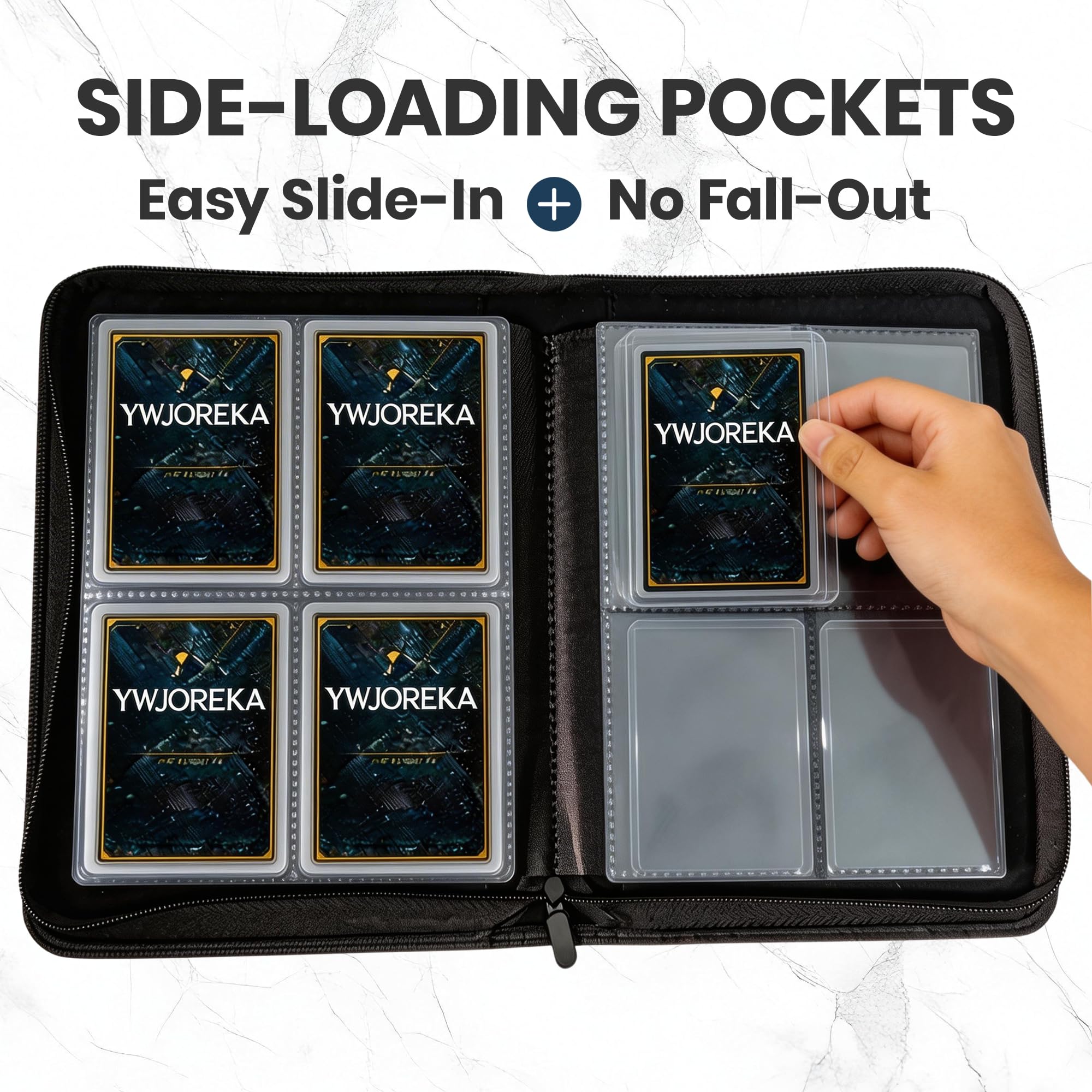YWJOREKA 4-Pocket Toploader Binder – Holds 128 Cards, Black PU Leather Album for Sports & Trading Cards