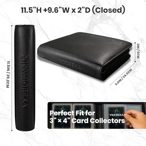 YWJOREKA 4-Pocket Toploader Binder – Holds 128 Cards, Black PU Leather Album for Sports & Trading Cards