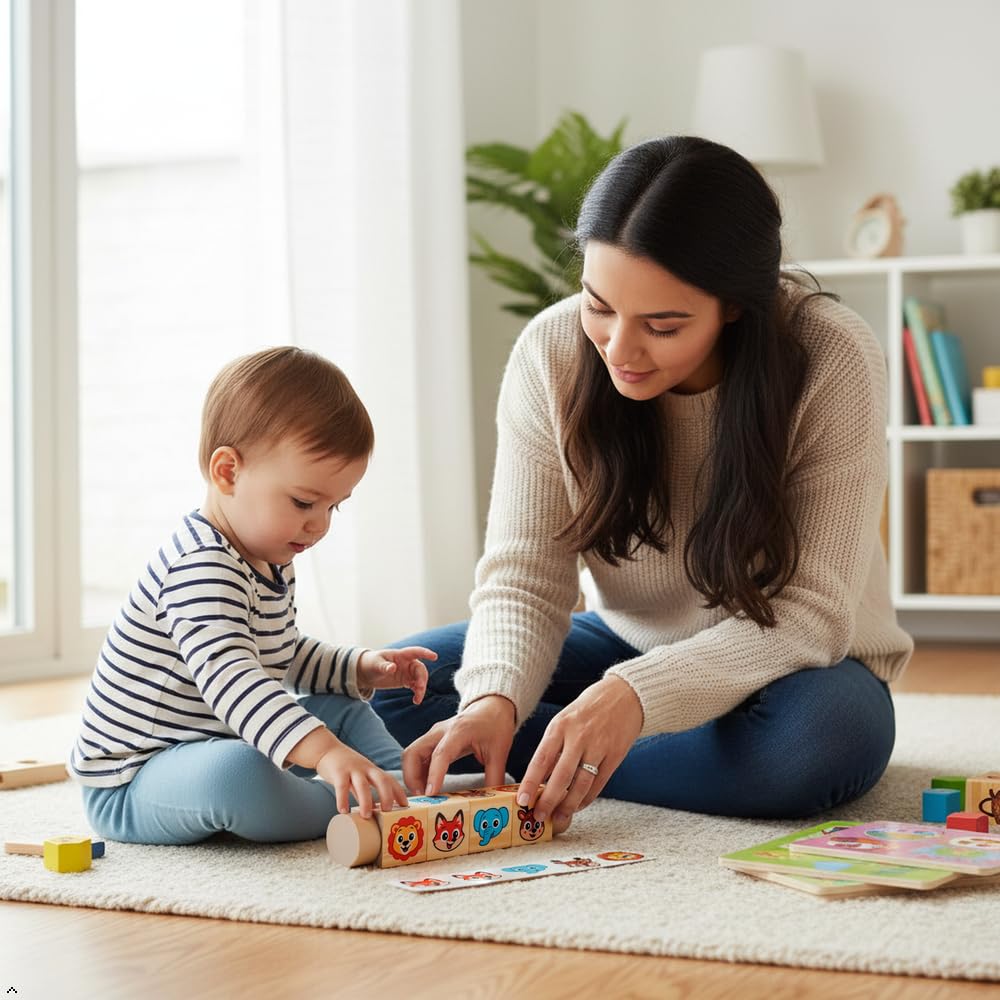YXWELLIFE Montessori Wooden Animal Rotating Puzzle – Spin & Match Toy for Toddlers 1-3