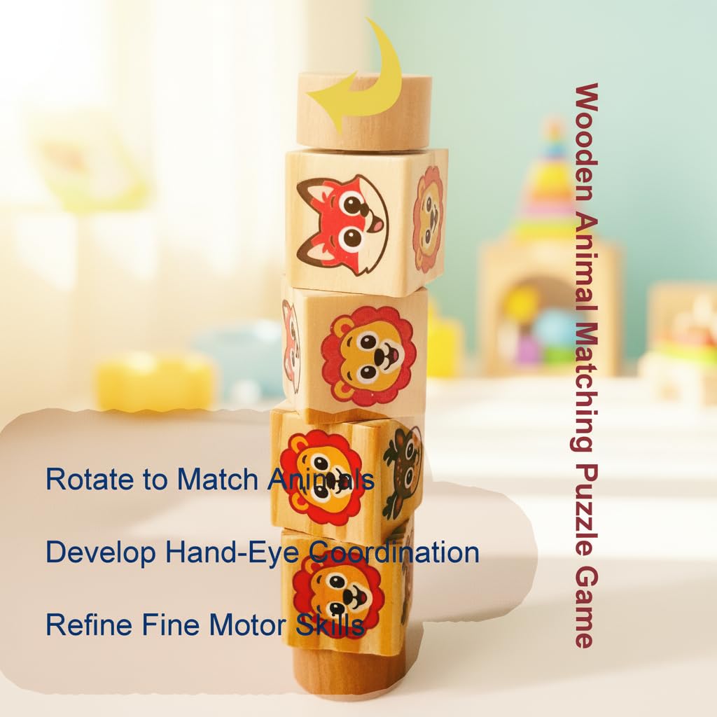 YXWELLIFE Montessori Wooden Animal Rotating Puzzle – Spin & Match Toy for Toddlers 1-3