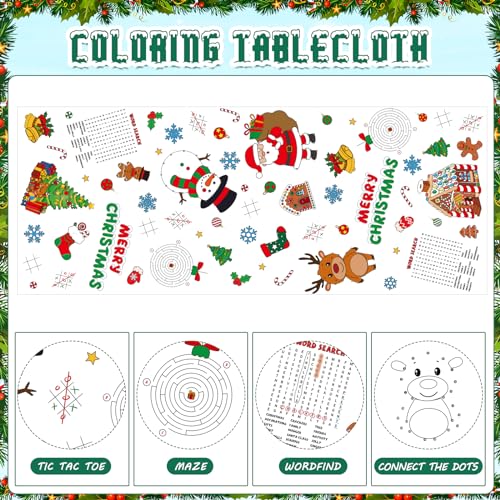 Zachely 3-Pack Christmas Coloring Tablecloth for Kids - 54x108 Inch Disposable Paper Table Cover with Santa and Merry Christmas Designs