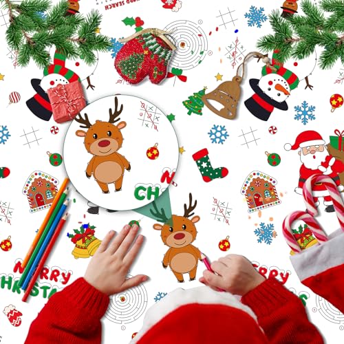 Zachely 3-Pack Christmas Coloring Tablecloth for Kids - 54x108 Inch Disposable Paper Table Cover with Santa and Merry Christmas Designs