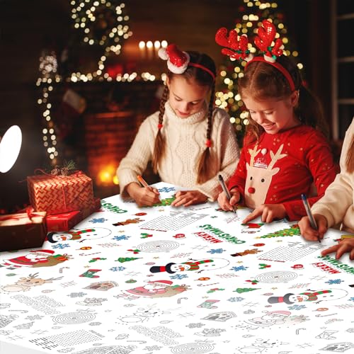 Zachely 3-Pack Christmas Coloring Tablecloth for Kids - 54x108 Inch Disposable Paper Table Cover with Santa and Merry Christmas Designs