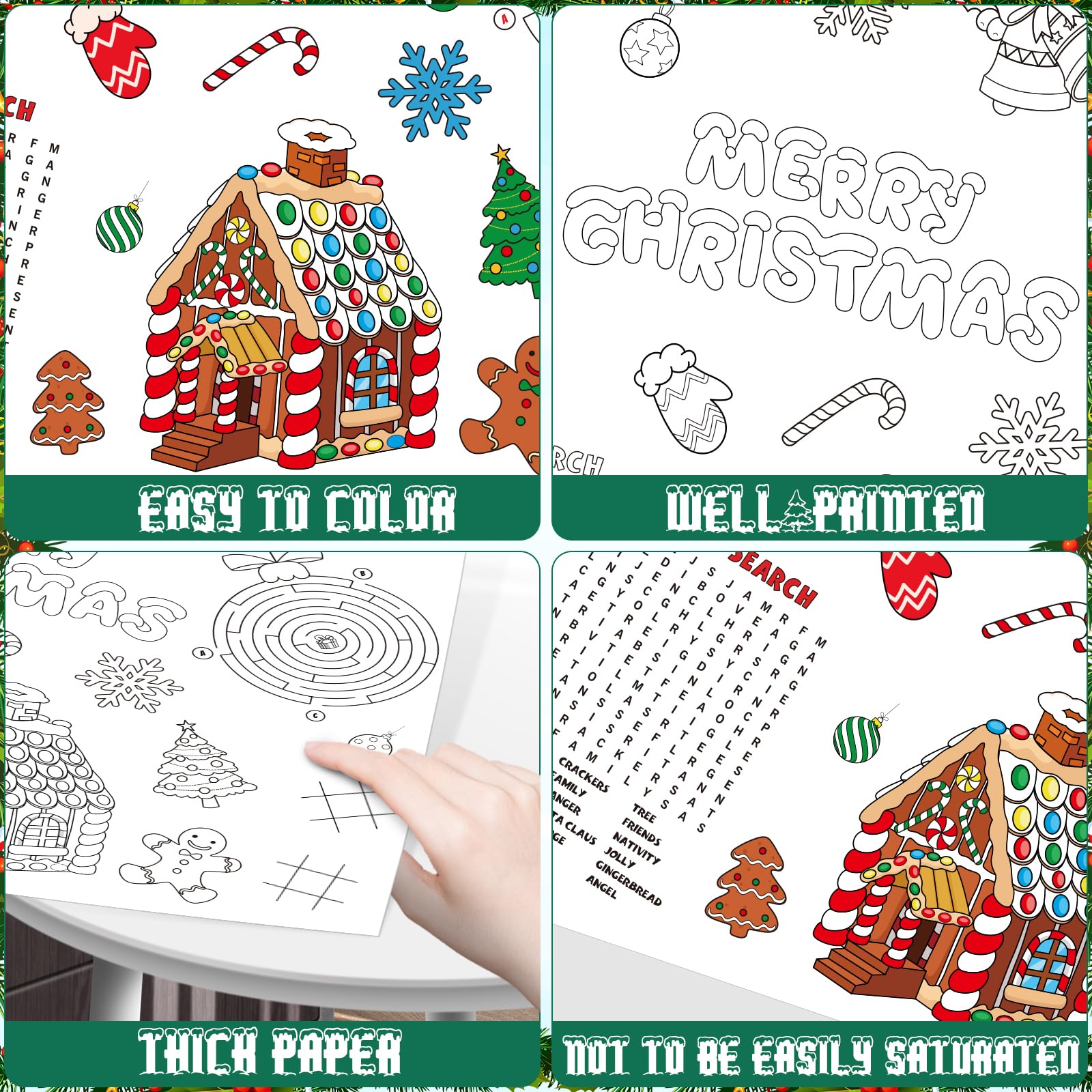 Zachely 3-Pack Christmas Coloring Tablecloth for Kids - 54x108 Inch Disposable Paper Table Cover with Santa and Merry Christmas Designs