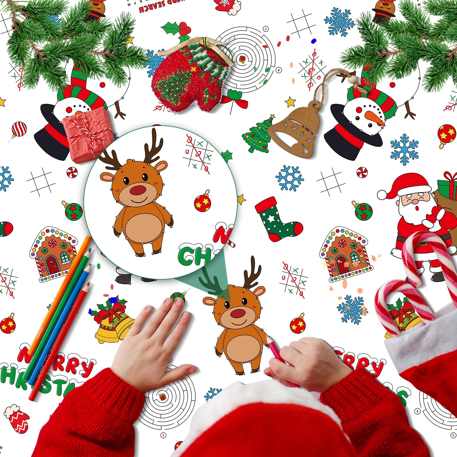 Zachely 3-Pack Christmas Coloring Tablecloth for Kids - 54x108 Inch Disposable Paper Table Cover with Santa and Merry Christmas Designs