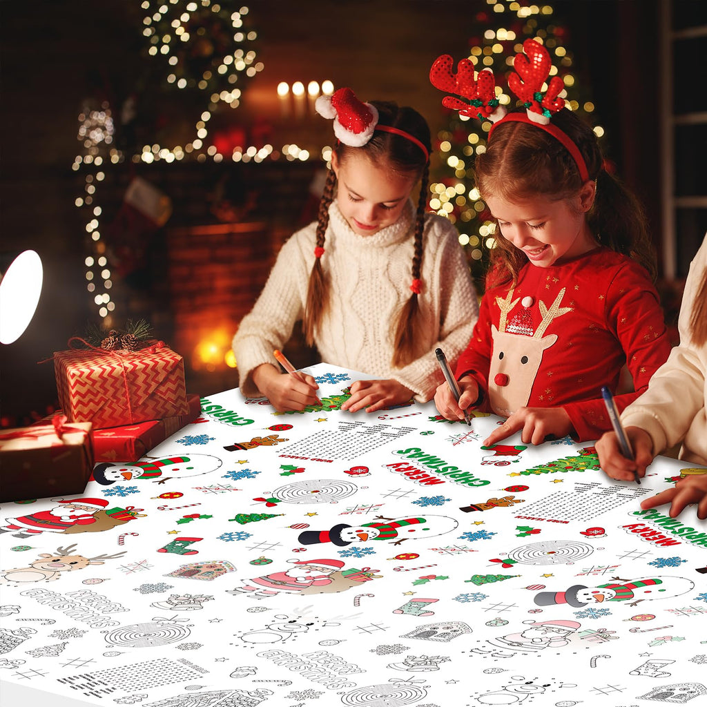Zachely 3-Pack Christmas Coloring Tablecloth for Kids - 54x108 Inch Disposable Paper Table Cover with Santa and Merry Christmas Designs