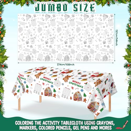 Zachely 3-Pack Christmas Coloring Tablecloth for Kids - 54x108 Inch Disposable Paper Table Cover with Santa and Merry Christmas Designs