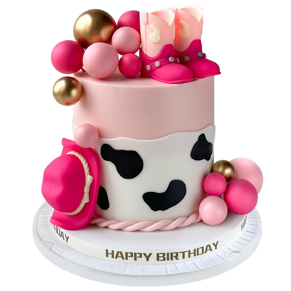 Zafena 16-Piece Cowgirl Cake Topper Set - Pink Western Hat, Boots & Decor Balls for Birthday or Baby Shower