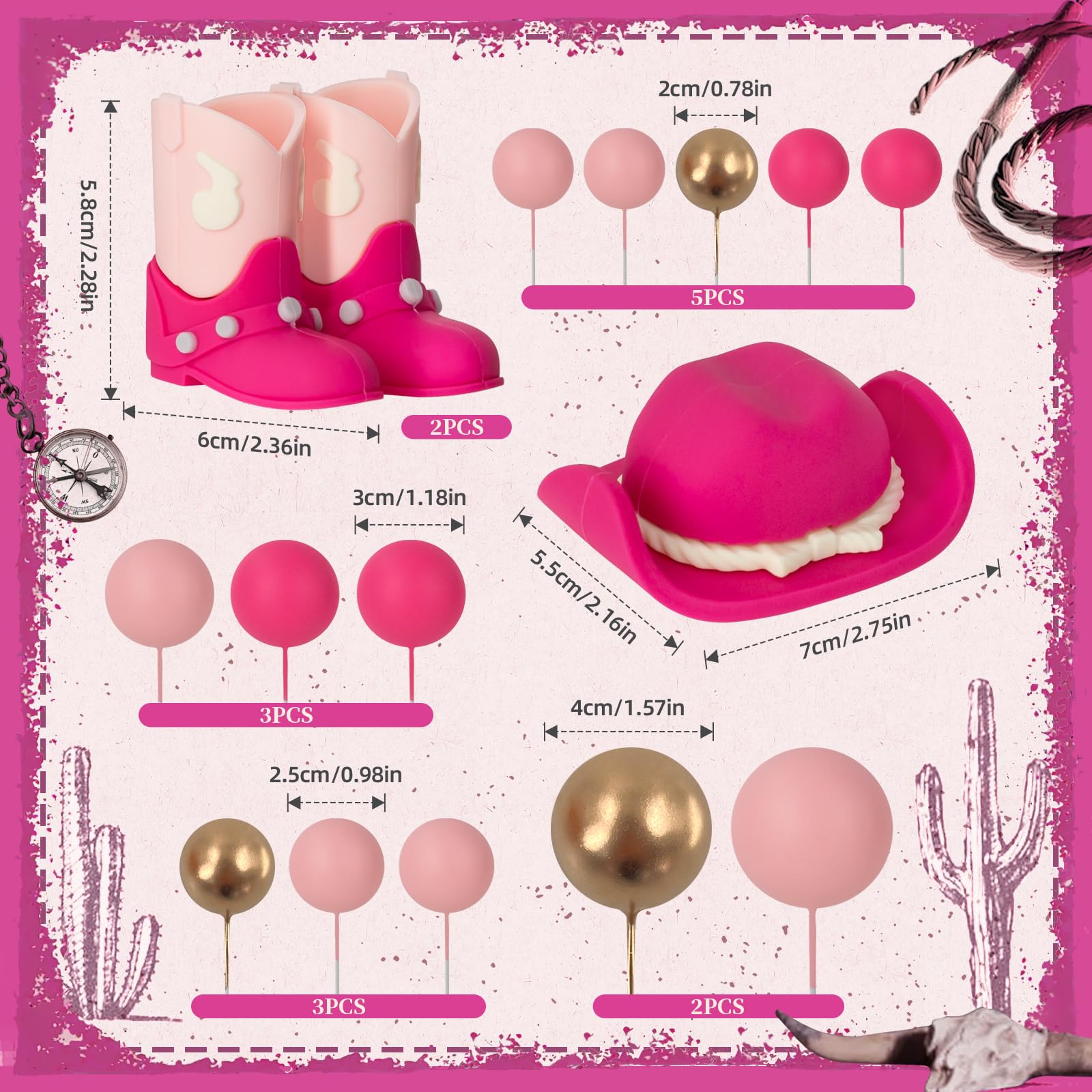 Zafena 16-Piece Cowgirl Cake Topper Set - Pink Western Hat, Boots & Decor Balls for Birthday or Baby Shower