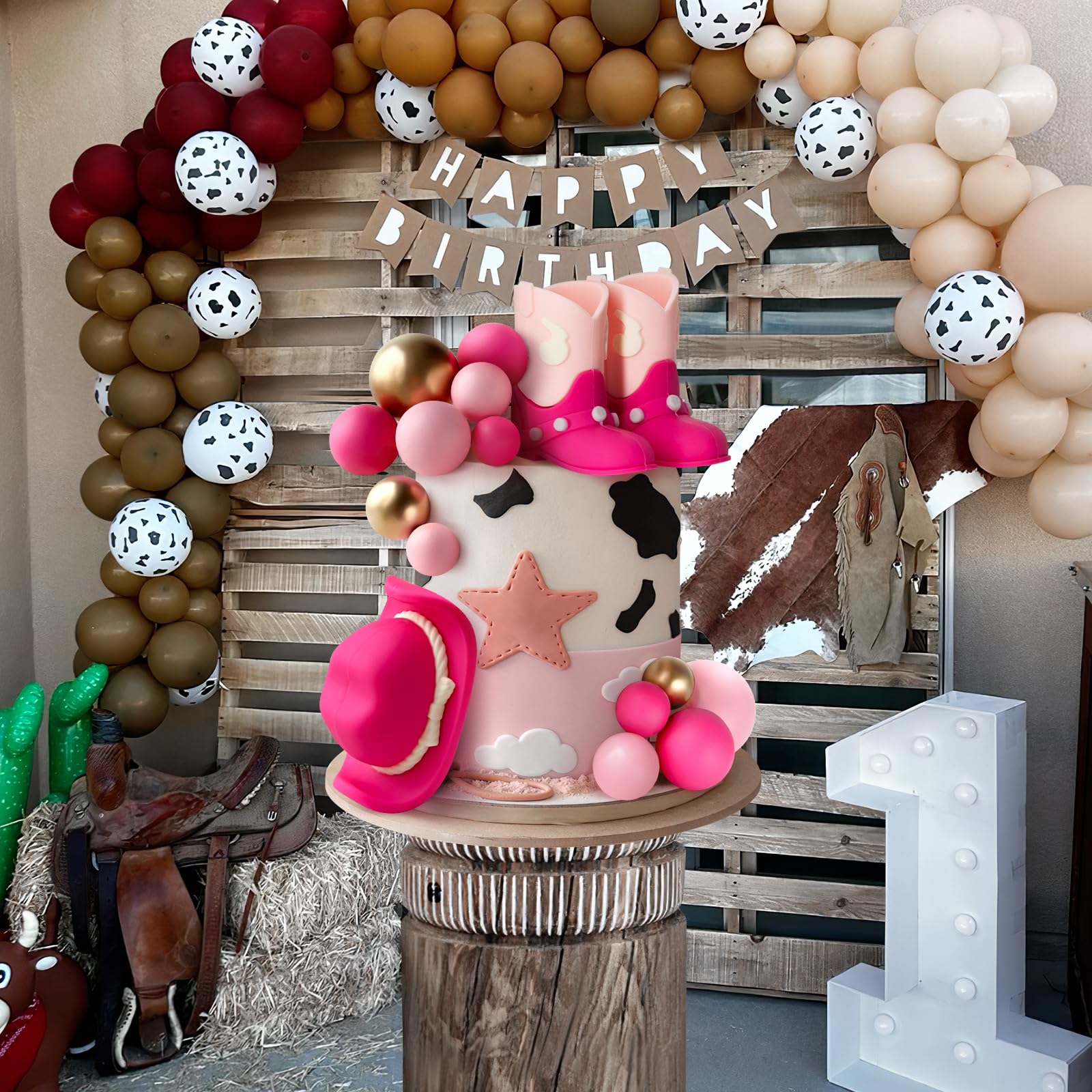 Zafena 16-Piece Cowgirl Cake Topper Set - Pink Western Hat, Boots & Decor Balls for Birthday or Baby Shower