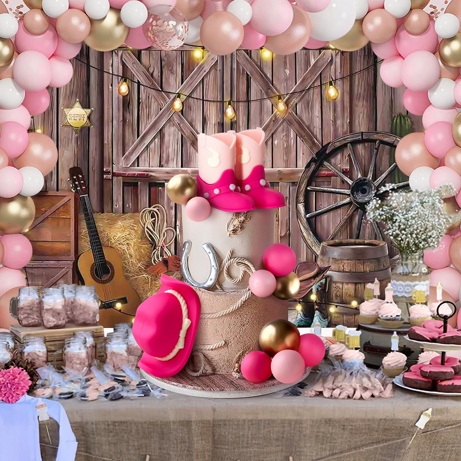 Zafena 16-Piece Cowgirl Cake Topper Set - Pink Western Hat, Boots & Decor Balls for Birthday or Baby Shower