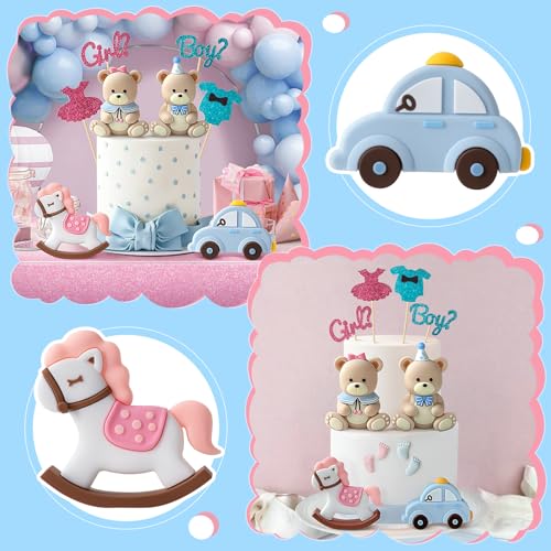 Zafena 8-Piece Gender Reveal Cake Topper Set with Bear, Train, and Rocking Horse Decorations