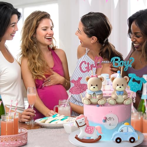Zafena 8-Piece Gender Reveal Cake Topper Set with Bear, Train, and Rocking Horse Decorations