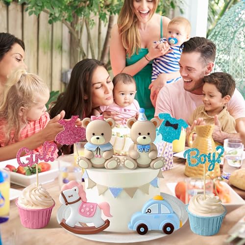 Zafena 8-Piece Gender Reveal Cake Topper Set with Bear, Train, and Rocking Horse Decorations