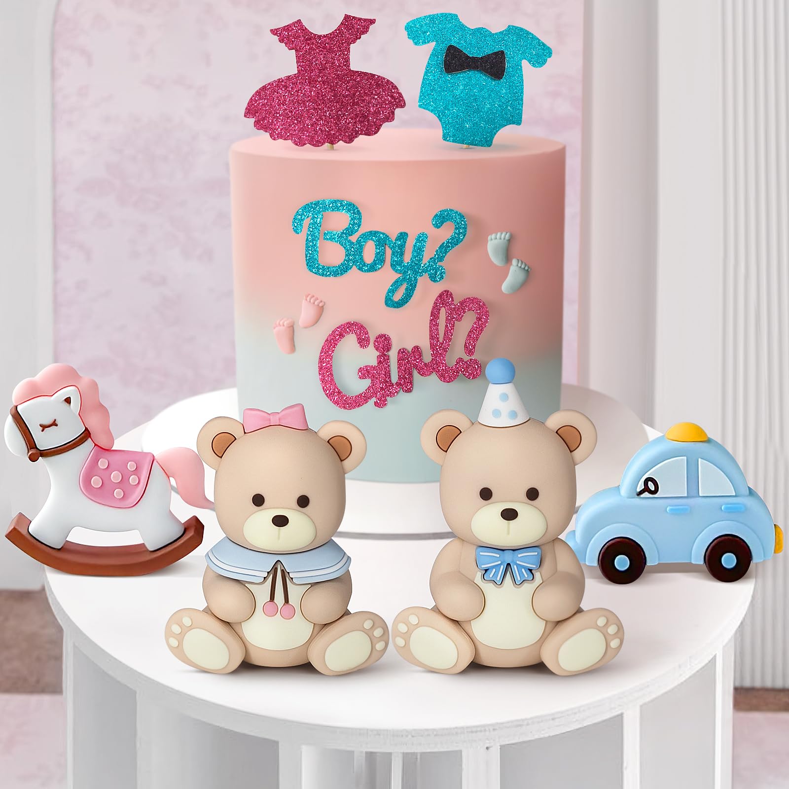 Zafena 8-Piece Gender Reveal Cake Topper Set with Bear, Train, and Rocking Horse Decorations