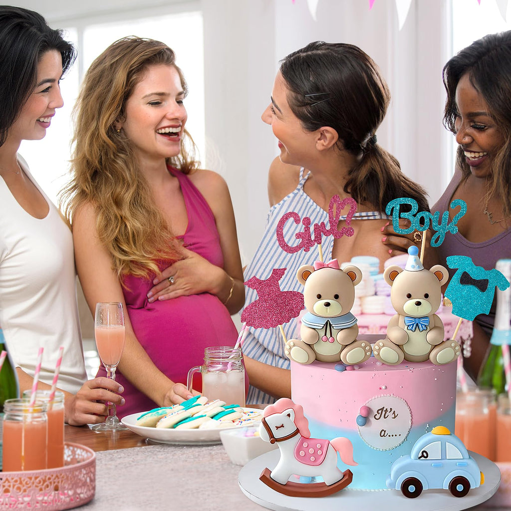 Zafena 8-Piece Gender Reveal Cake Topper Set with Bear, Train, and Rocking Horse Decorations