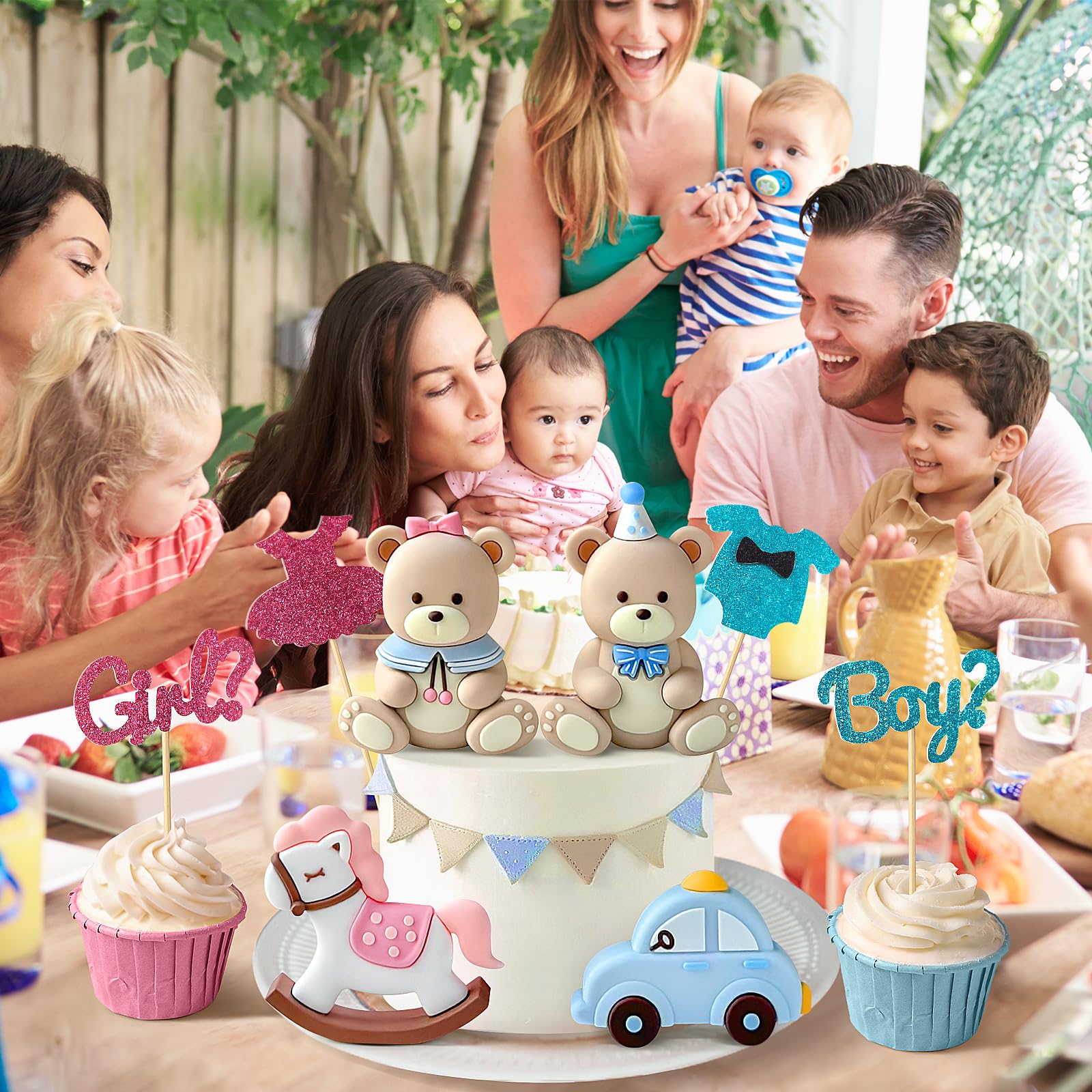 Zafena 8-Piece Gender Reveal Cake Topper Set with Bear, Train, and Rocking Horse Decorations