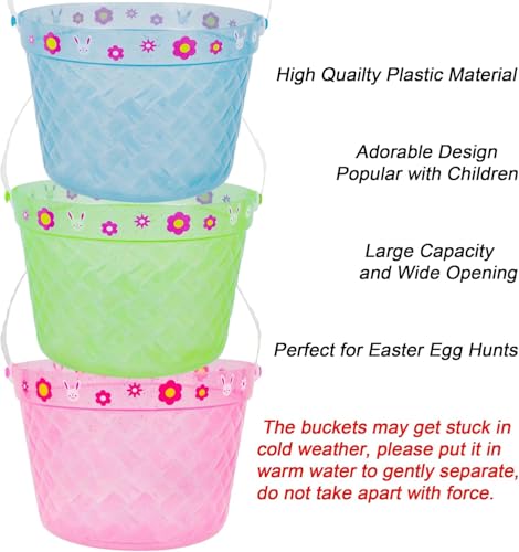 Zcaukya 3-Pack Clear Plastic Easter Buckets with Handles – Green, Blue, Pink for Egg Hunts