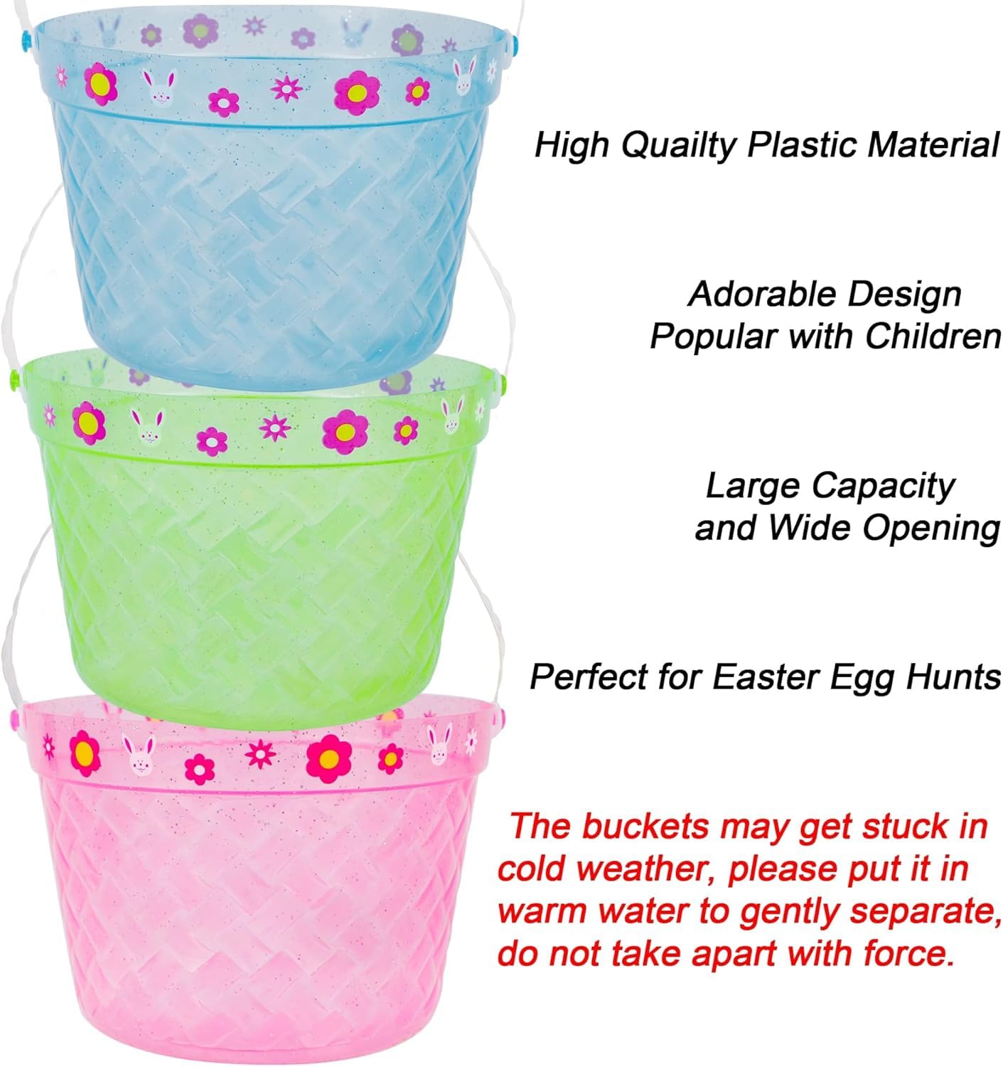 Zcaukya 3-Pack Clear Plastic Easter Buckets with Handles – Green, Blue, Pink for Egg Hunts
