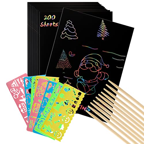 ZEAYEA 200-Piece Scratch Art Paper Set – 200 Sheets, 10 Styluses, 8 Stencils – Safe & Fun for Kids Ages 3+