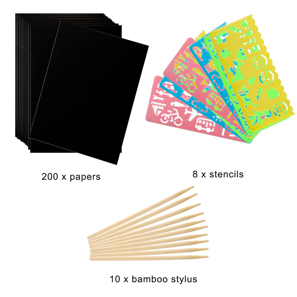ZEAYEA 200-Piece Scratch Art Paper Set – 200 Sheets, 10 Styluses, 8 Stencils – Safe & Fun for Kids Ages 3+