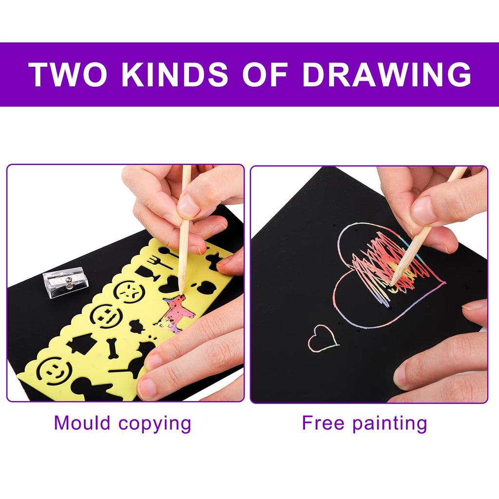 ZEAYEA 200-Piece Scratch Art Paper Set – 200 Sheets, 10 Styluses, 8 Stencils – Safe & Fun for Kids Ages 3+