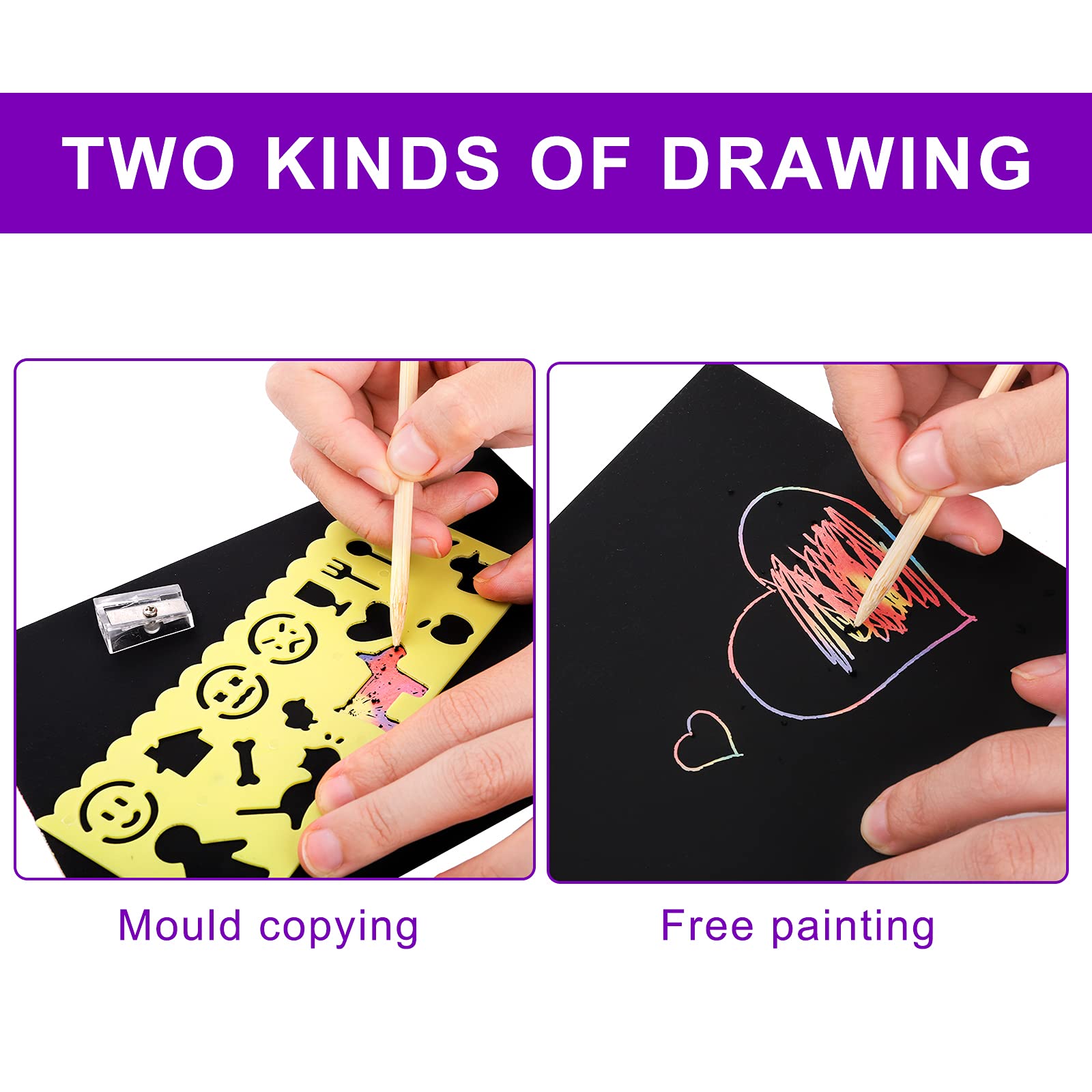ZEAYEA 200-Piece Scratch Art Paper Set – 200 Sheets, 10 Styluses, 8 Stencils – Safe & Fun for Kids Ages 3+
