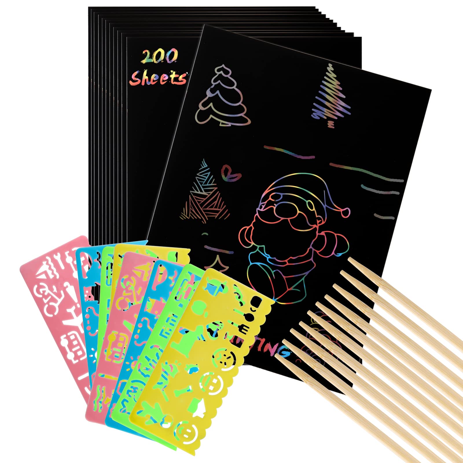 ZEAYEA 200-Piece Scratch Art Paper Set – 200 Sheets, 10 Styluses, 8 Stencils – Safe & Fun for Kids Ages 3+
