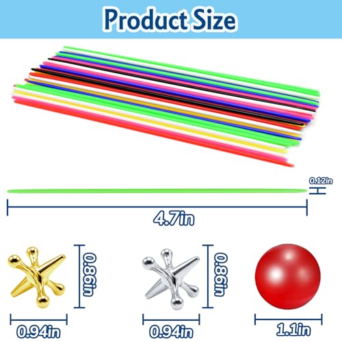 ZeeDix 3 Sets Jacks and Pick Up Sticks Game – 180 Sticks, 30 Metal Jax, 3 Balls for Family Fun