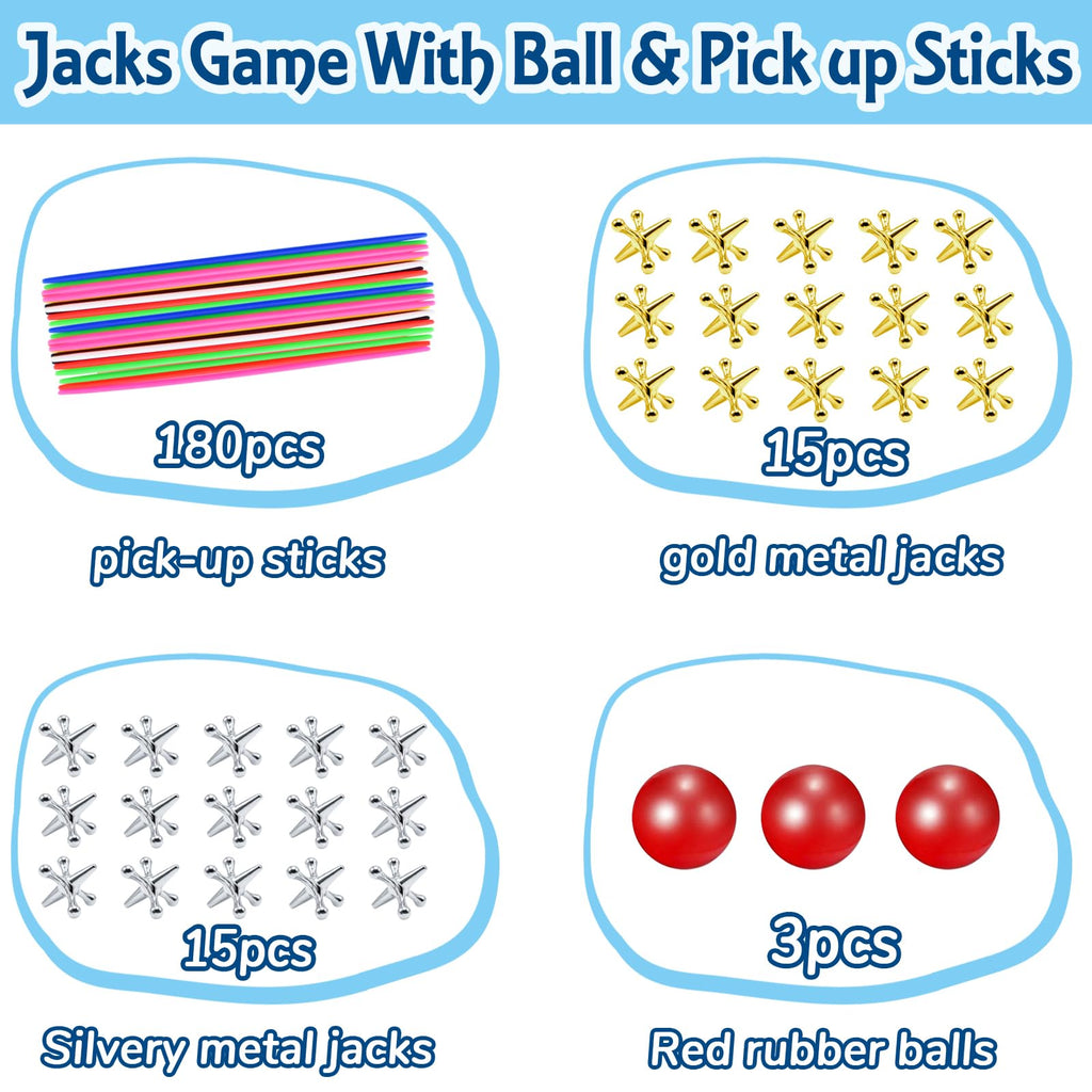 ZeeDix 3 Sets Jacks and Pick Up Sticks Game – 180 Sticks, 30 Metal Jax, 3 Balls for Family Fun