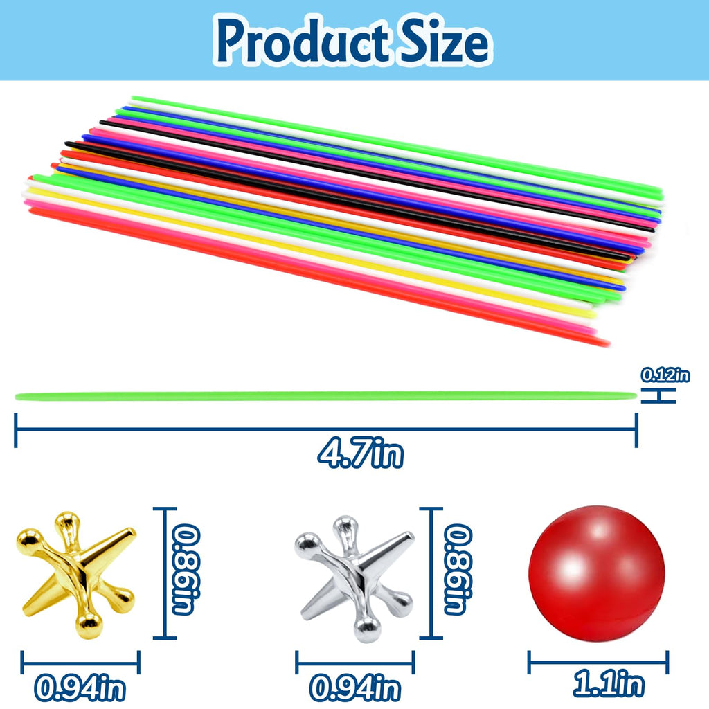 ZeeDix 3 Sets Jacks and Pick Up Sticks Game – 180 Sticks, 30 Metal Jax, 3 Balls for Family Fun