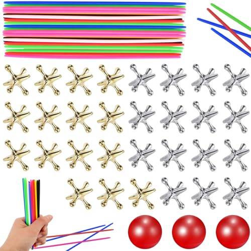 ZeeDix 3 Sets Jacks and Pick Up Sticks Game – 180 Sticks, 30 Metal Jax, 3 Balls for Family Fun