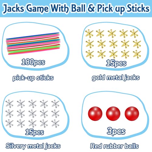 ZeeDix 3 Sets Jacks and Pick Up Sticks Game – 180 Sticks, 30 Metal Jax, 3 Balls for Family Fun