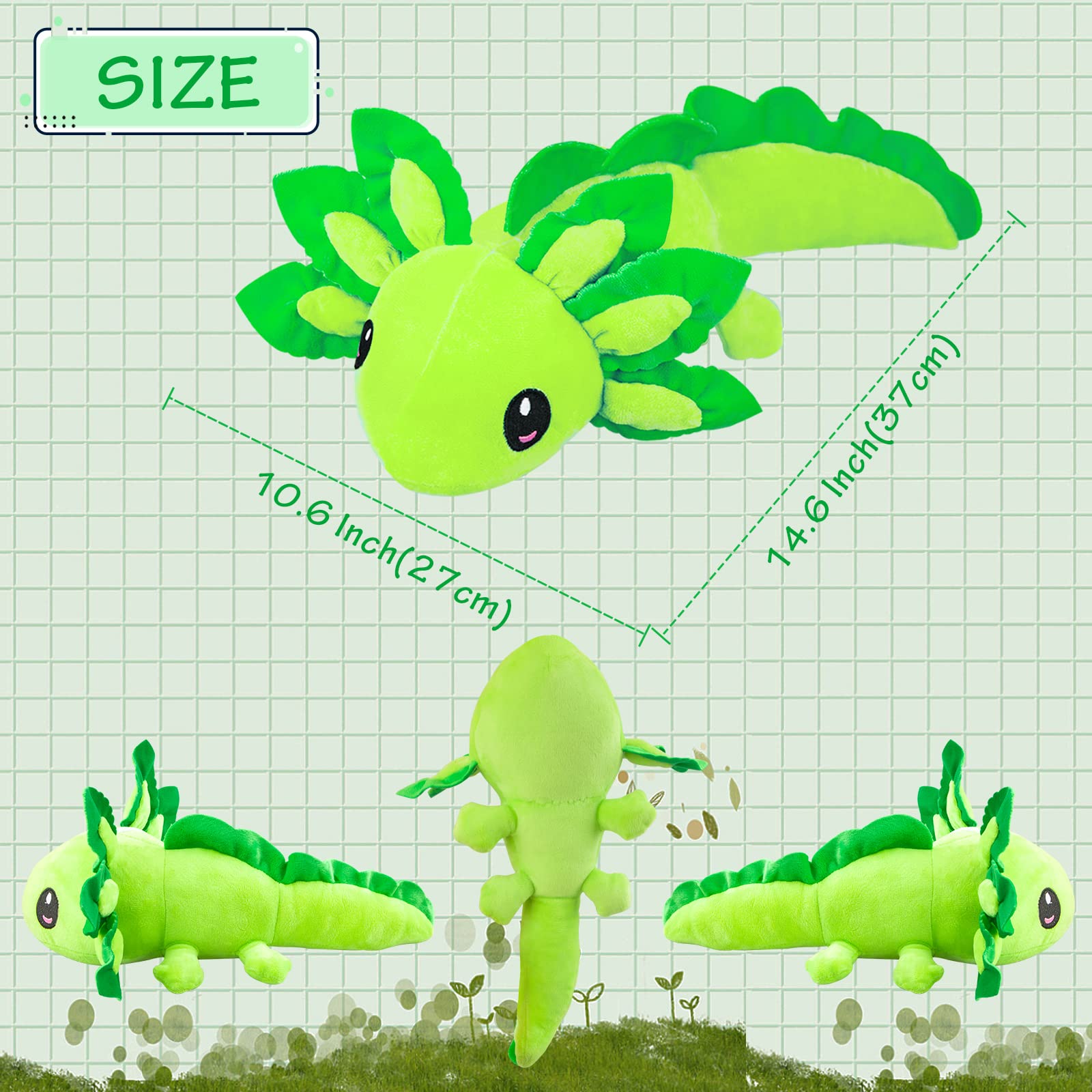 ZEKLZD 14-Inch Green Axolotl Plush Toy – Soft Stuffed Animal for Kids and Fans